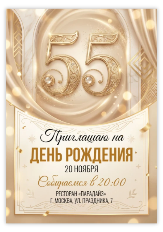 Приглашение на юбилей в золотом стиле с драгоценными камнями