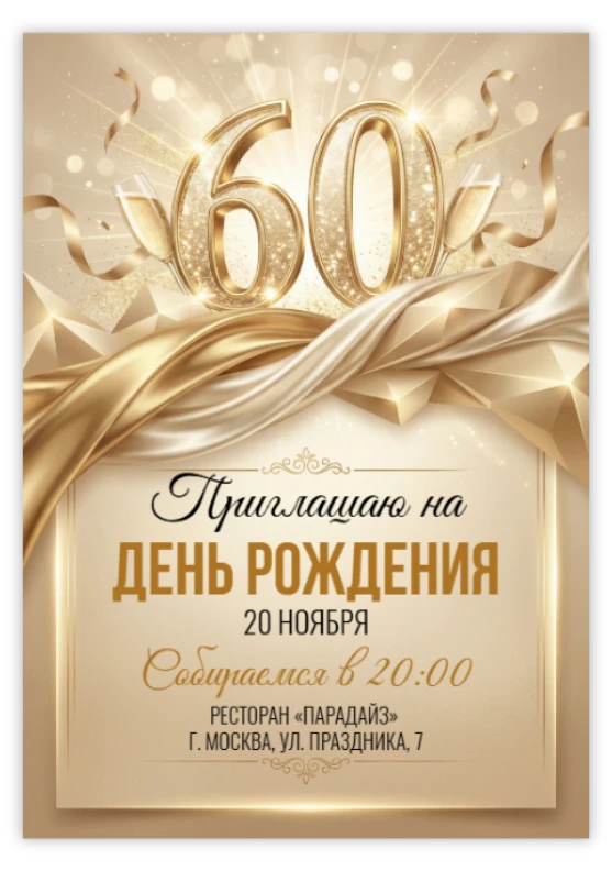 Приглашение на юбилей в золотом мерцании с бокалами