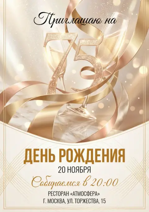 Приглашение на юбилей с золотым сиянием и бокалами